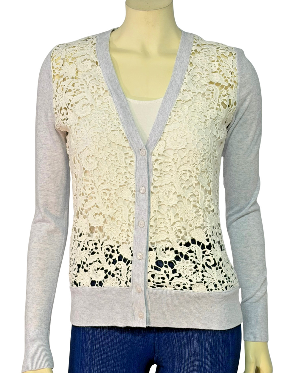 Loft Sz S V-Neck Cardigan Button Front White Crochet Lace Front Blue Knit Light